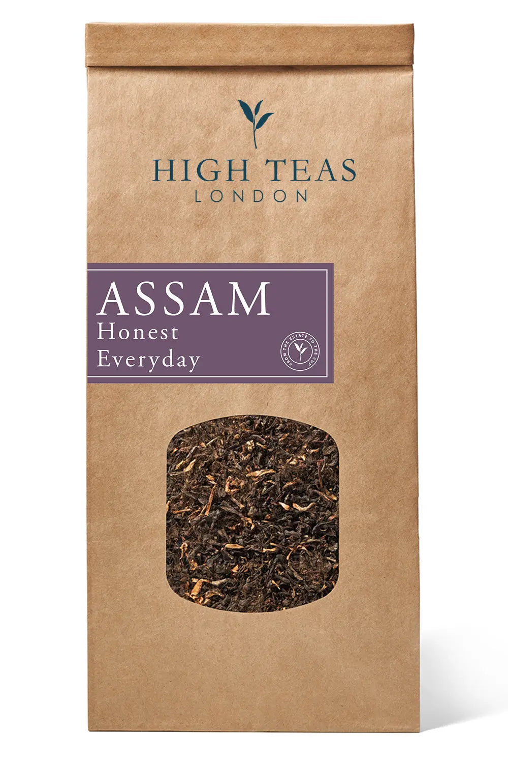 Loose leaf Honest Everyday Assam OP1 tea by High Teas, showcasing orange pekoe tea leaves in a clear glass jar.