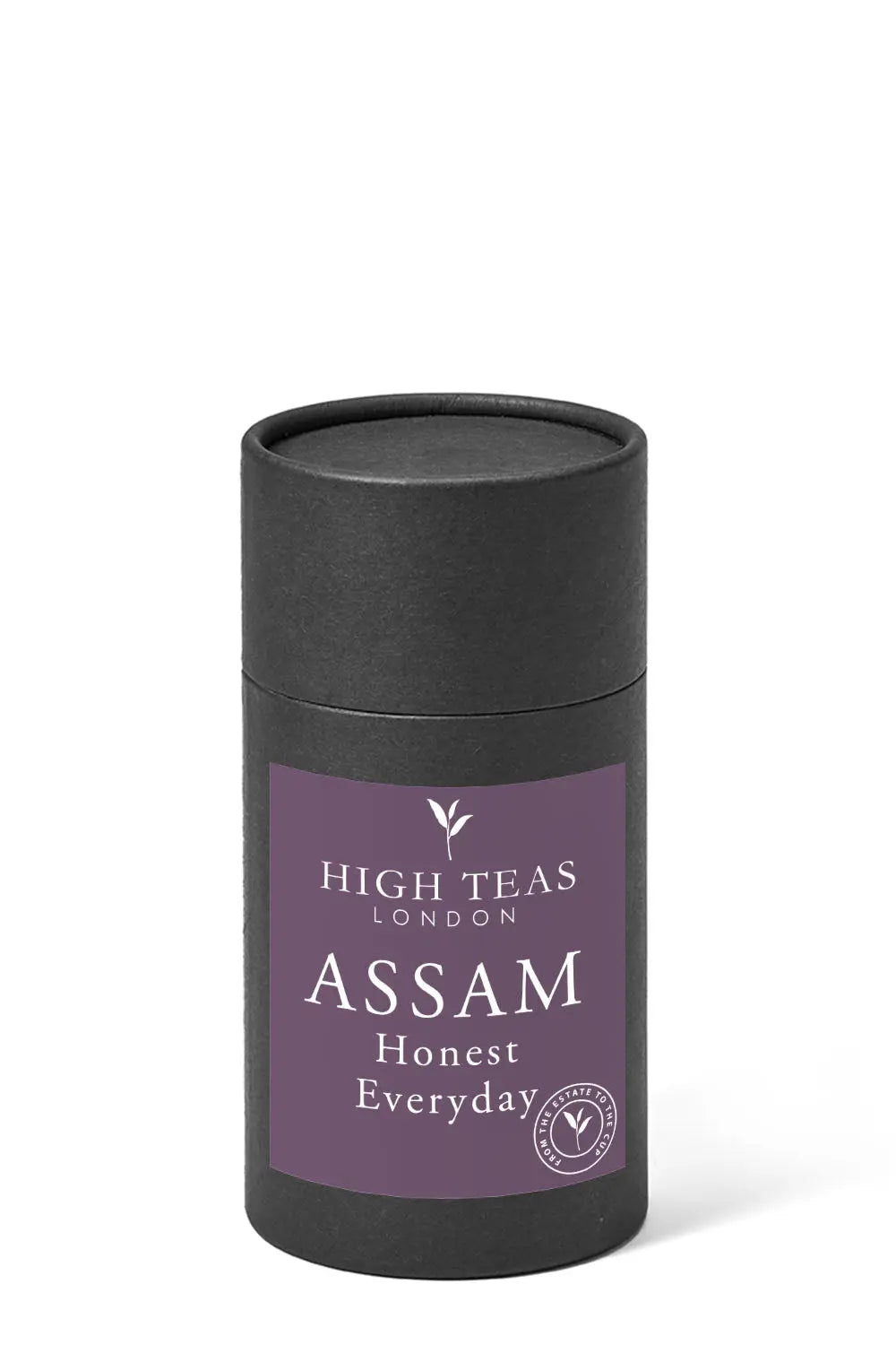 Loose leaf Honest Everyday Assam OP1 tea from High Teas, showing vibrant orange pekoe tea leaves in a clear container.
