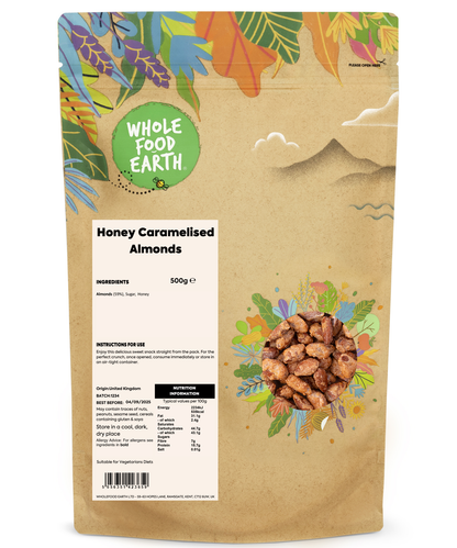 Crunchy honey caramelized almonds from Whole Food Earth, showcasing glossy coated almonds in a 500g package.
