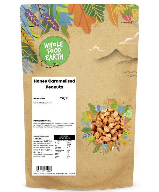 Golden honey caramelized peanuts from Whole Food Earth, coated in sweet caramel, in a 250g package.