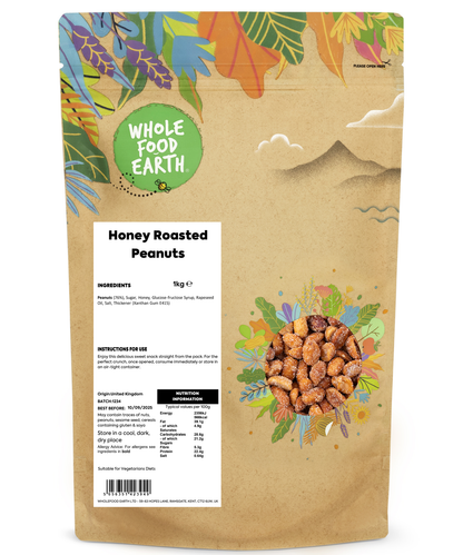 A 1kg bag of Whole Food Earth honey roasted peanuts, showcasing golden, coated peanuts in a clear view.