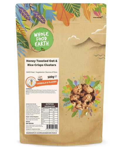 Honey toasted oat and rice crisp clusters from Whole Food Earth, a crunchy nuts and seeds snack in a 500g package.