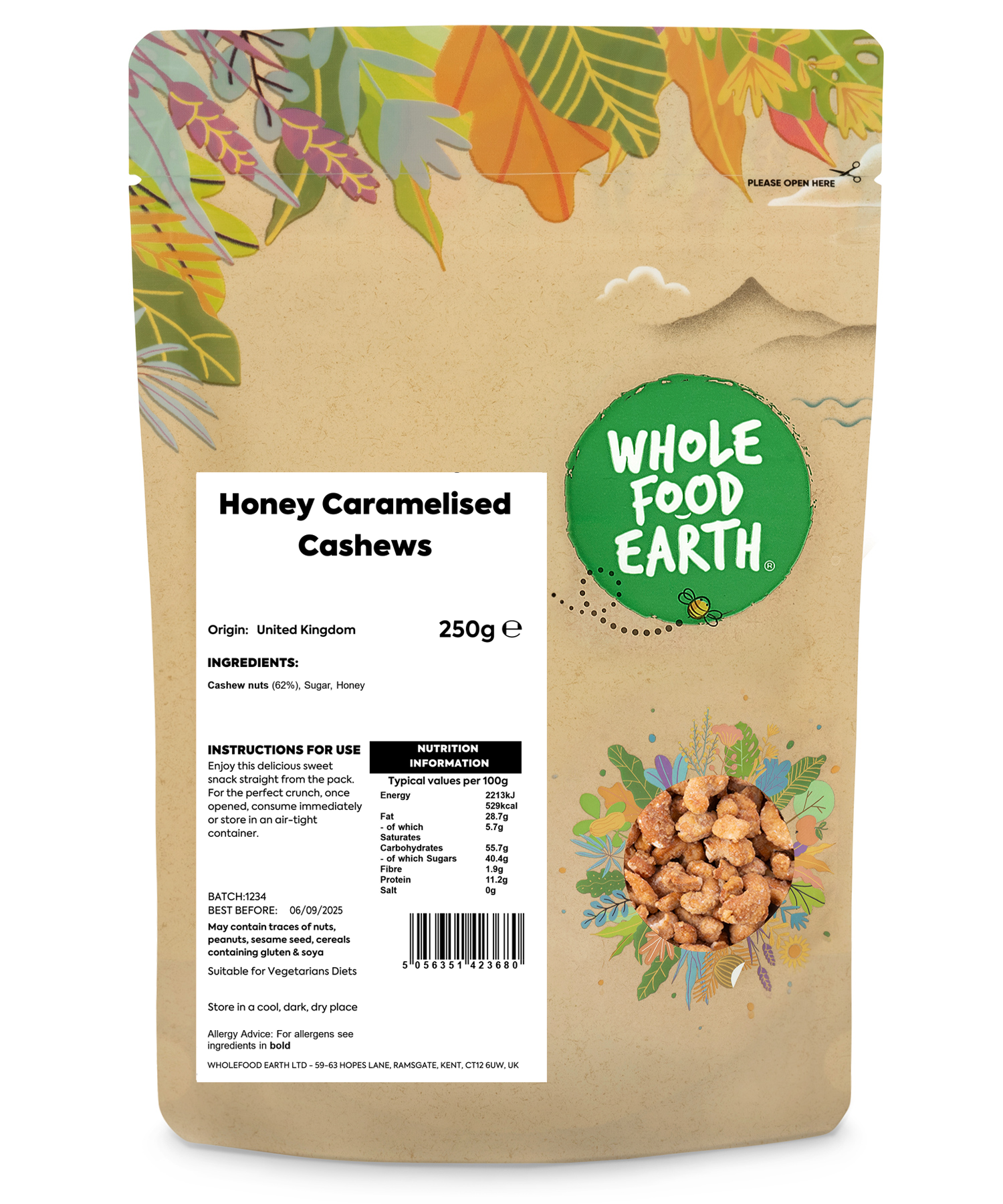 Honey caramelized cashews from Whole Food Earth, coated with sweet honey glaze, displayed in a 250g package.
