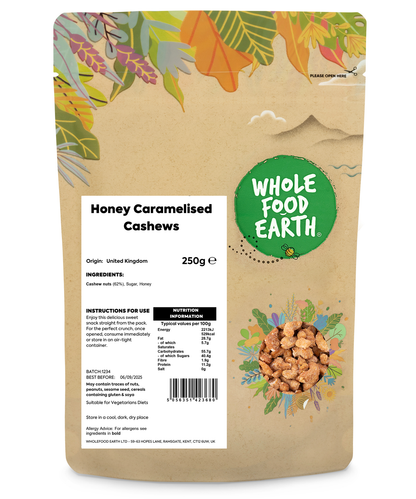 Honey caramelized cashews from Whole Food Earth, coated with sweet honey glaze, displayed in a 250g package.