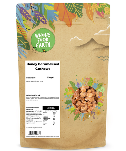 Honey caramelized cashews from Whole Food Earth, coated with sweet honey glaze, in a 500g package.