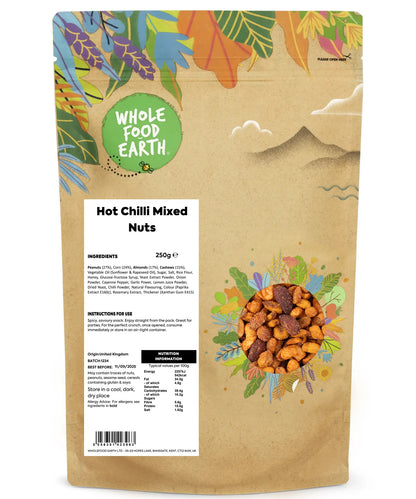 Spicy Hot Chilli Mixed Nuts by Whole Food Earth, 250g bag showing a mix of roasted nuts coated with chili seasoning.
