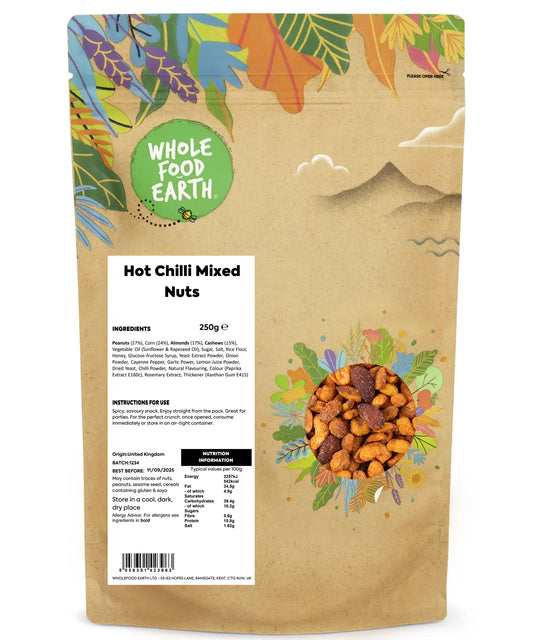 Spicy hot chili mixed nuts in a 250g package by ArtisanBox, featuring a variety of seasoned nuts with chili flavor.