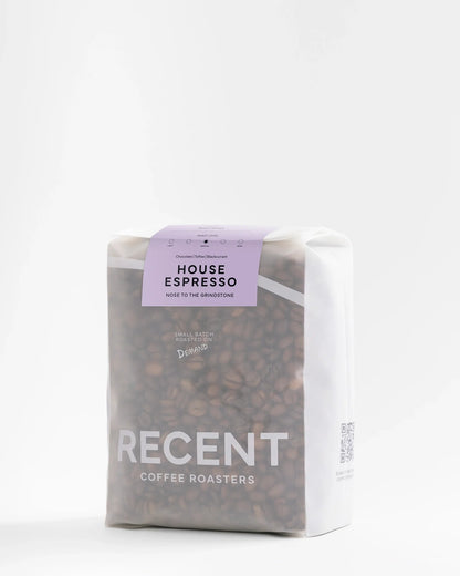 Medium roast coffee bag from Recent Beans, Nose To The Grindstone House Blend, 500g, featuring a rich, aromatic coffee package.