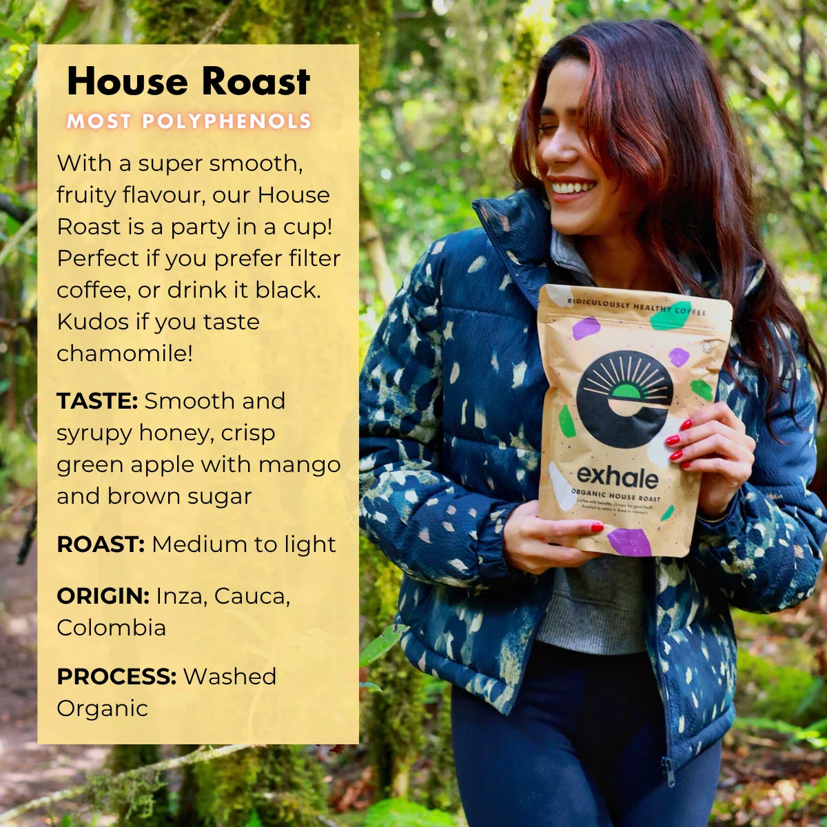 Organic House Roast Coffee from Exhale Healthy Coffee in a brewing scene with roasted coffee beans and a coffee cup.