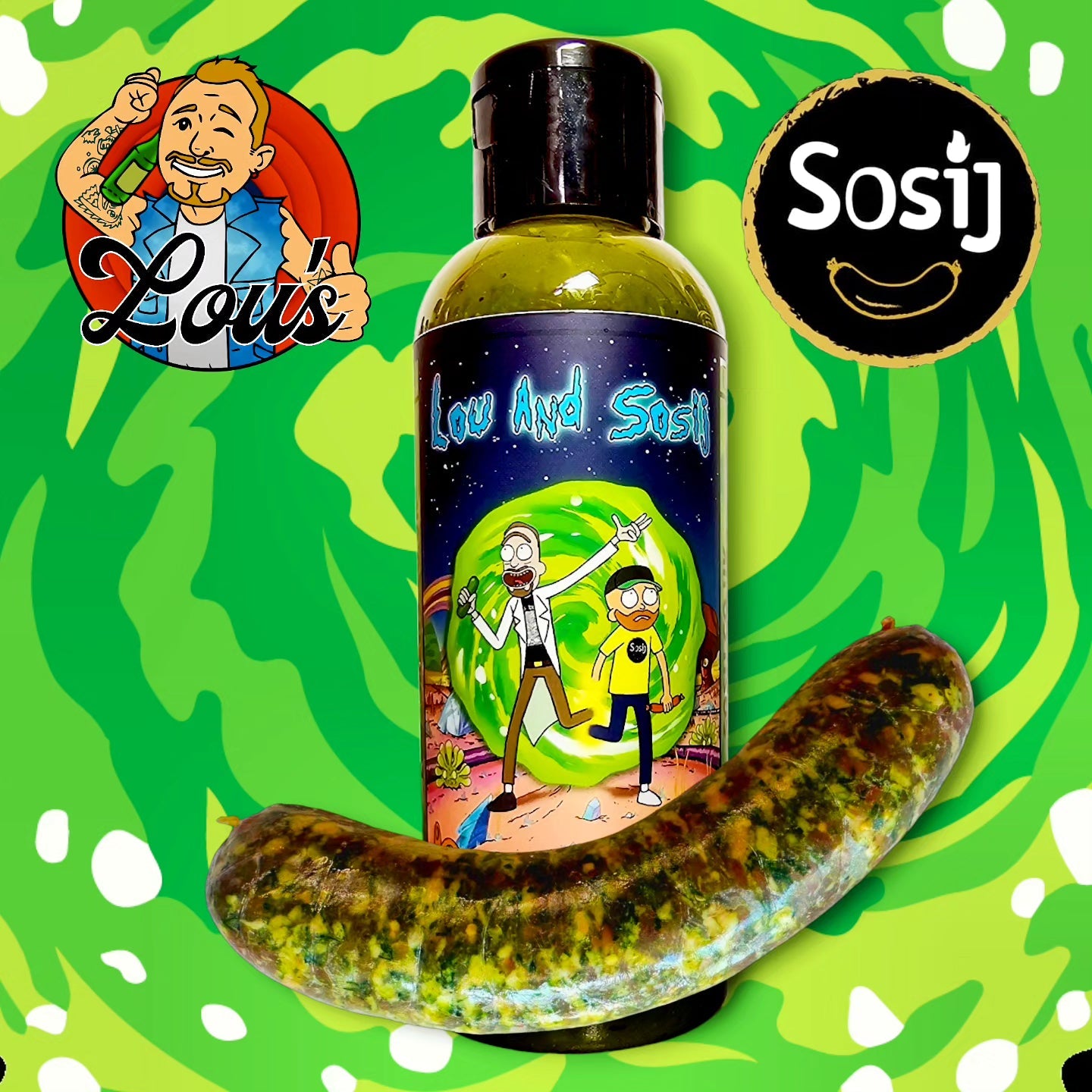 Bottle of Lou's x Sosij Slap n' Pickle hot sauce from Lou's Brews, featuring vibrant label design and spicy condiment appearance.
