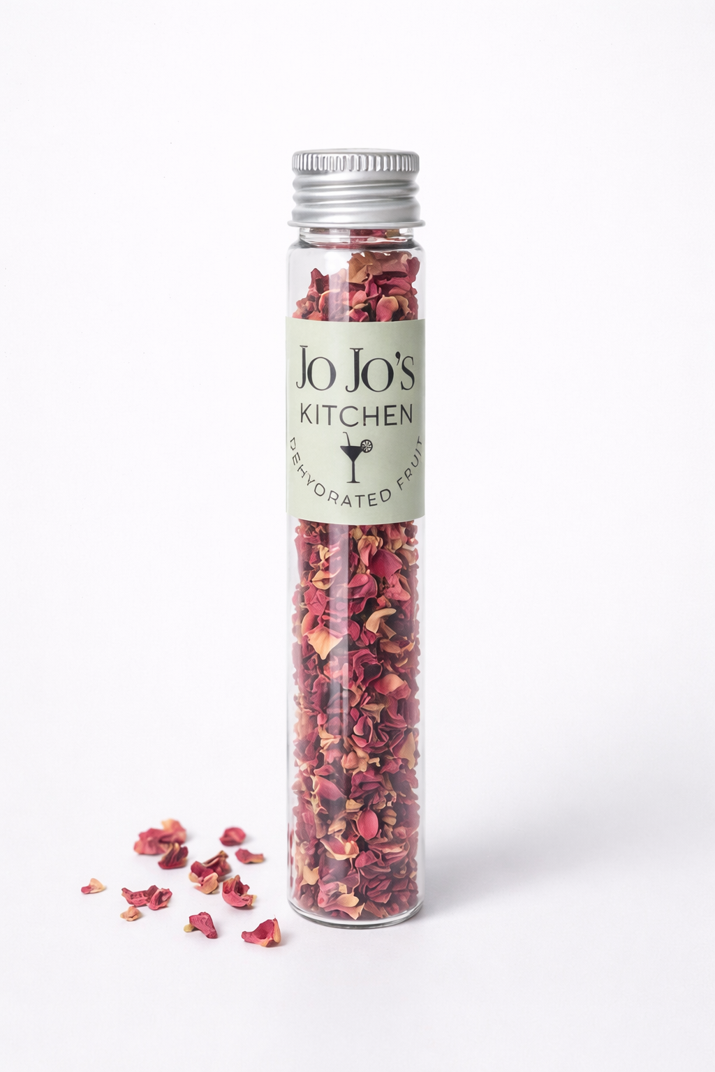 Edible rose petals from JoJo’s Kitchen, vibrant pink and red flower petals, suitable for garnishing desserts and drinks.