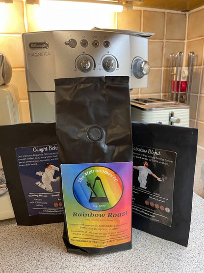Colorful rainbow roast coffee bag from Clubhouse Roastery's The Metronomes CC collection, featuring vibrant packaging design.