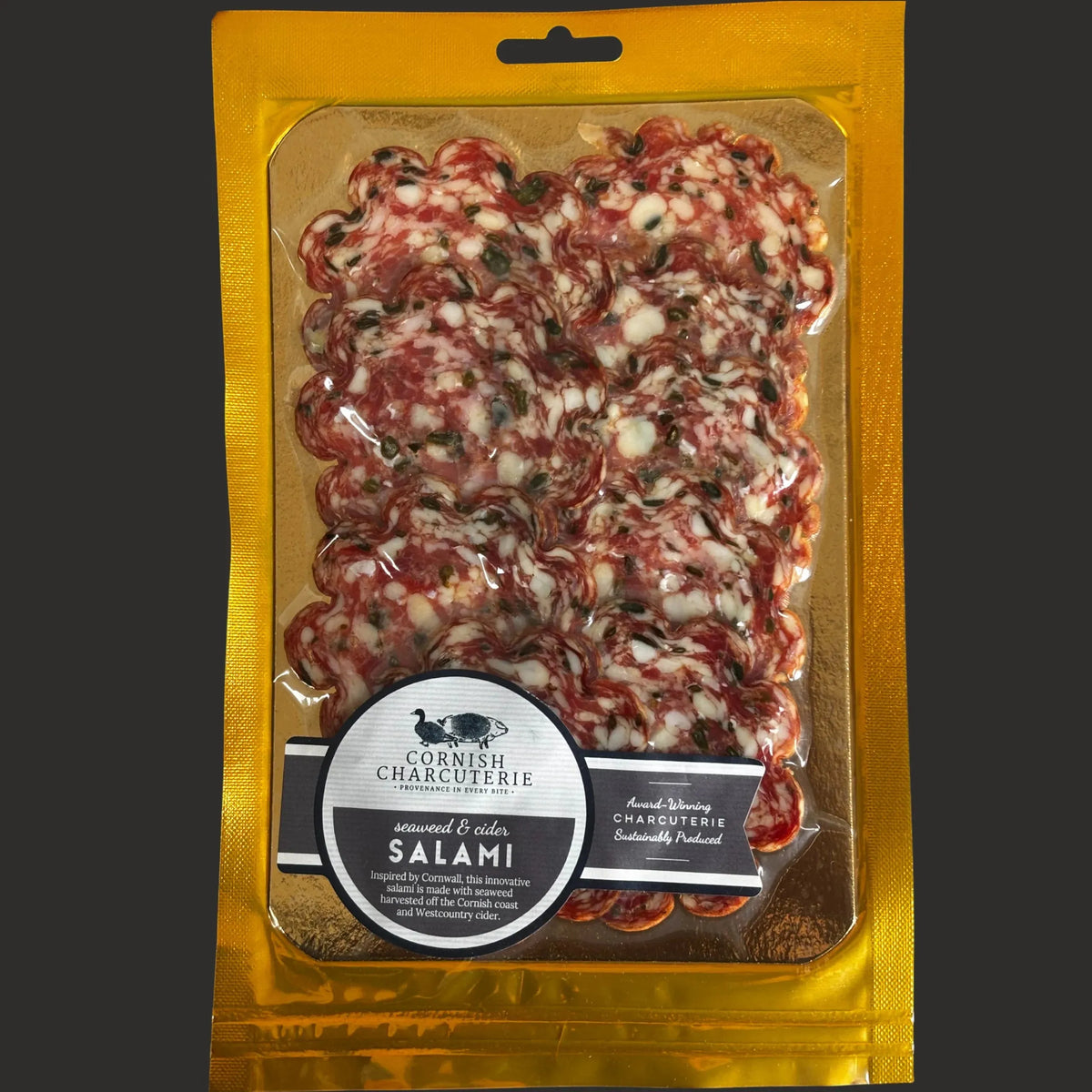 Sliced Cornish Seaweed & Cider Salami from ArtisanBox Selection, a flavorful Cornish charcuterie with seaweed and cider notes in 50g.