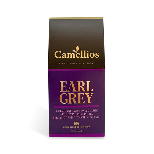 Camellios Earl Grey tea in a tea infusions package, showcasing the elegant tea blend and packaging design.
