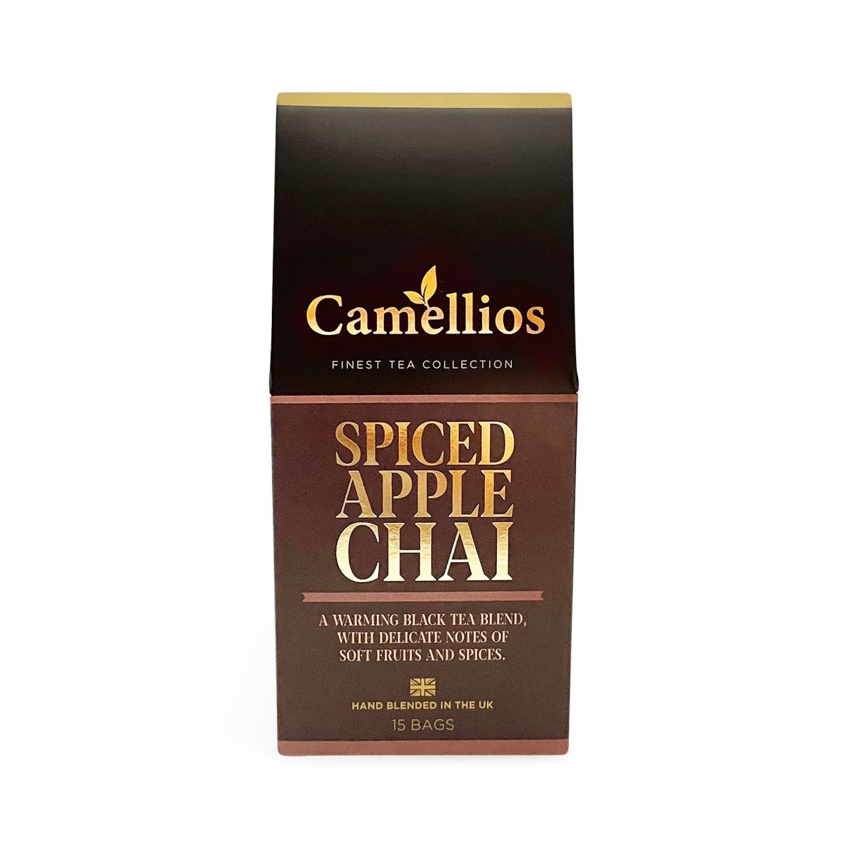 Camellios Spiced Apple Chai tea and infusions in a cozy mug with cinnamon sticks and apple slices on a rustic wooden table