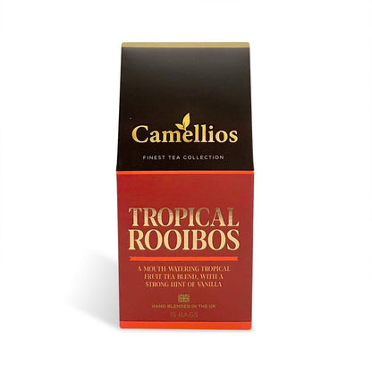 A cup of tropical Rooibos tea with dried Rooibos leaves and herbs, showcasing Camellios Tea & Infusions product.