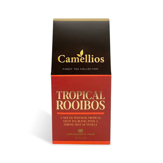 A cup of tropical Rooibos tea with dried Rooibos leaves and herbs, showcasing Camellios Tea & Infusions product.
