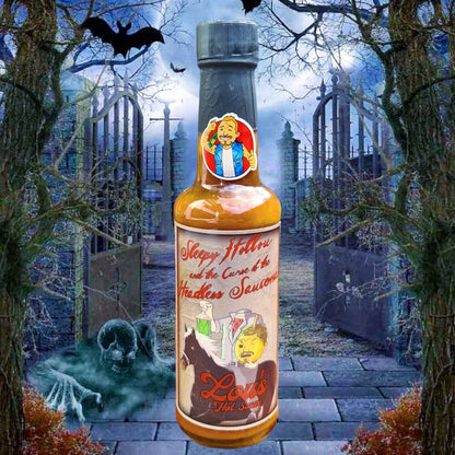 Pumpkin spice hot sauce from Lou's Brews, Sleepy Hollow & The Curse of the Headless Sauceman condiment bottle with Halloween-themed label.