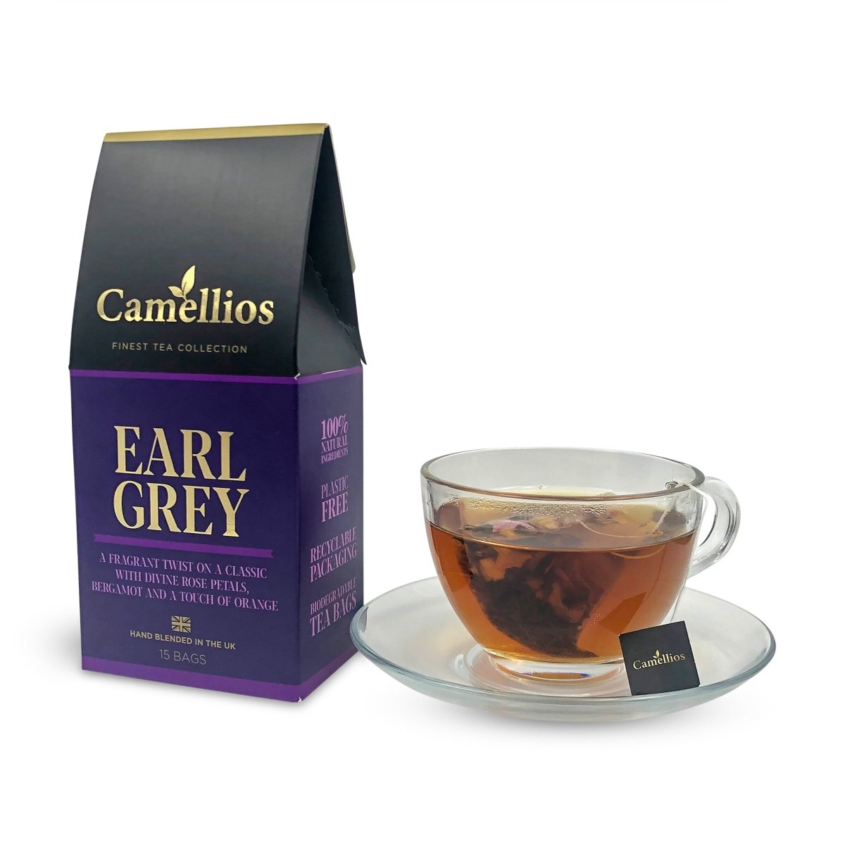Camellios Earl Grey tea and infusions box with tea bags, featuring elegant packaging and brand logo on a white background.