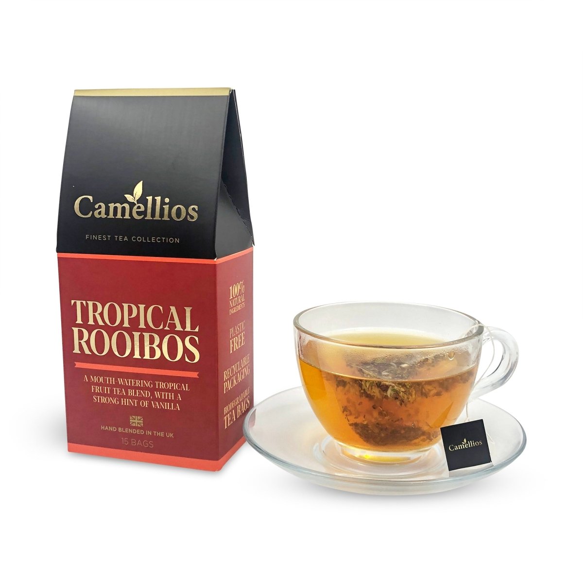 Camellios Tropical Rooibos tea and infusions in a clear glass jar with colorful packaging and loose rooibos tea leaves.