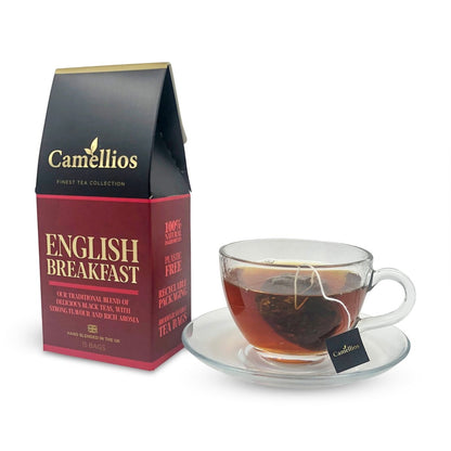 Camellios English Breakfast tea and infusions box with assorted tea bags and packaging details.