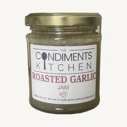 Roasted garlic jam by The Condiments Kitchen in a 195g jar, showcasing a rich, caramelized garlic chutney with a smooth texture.