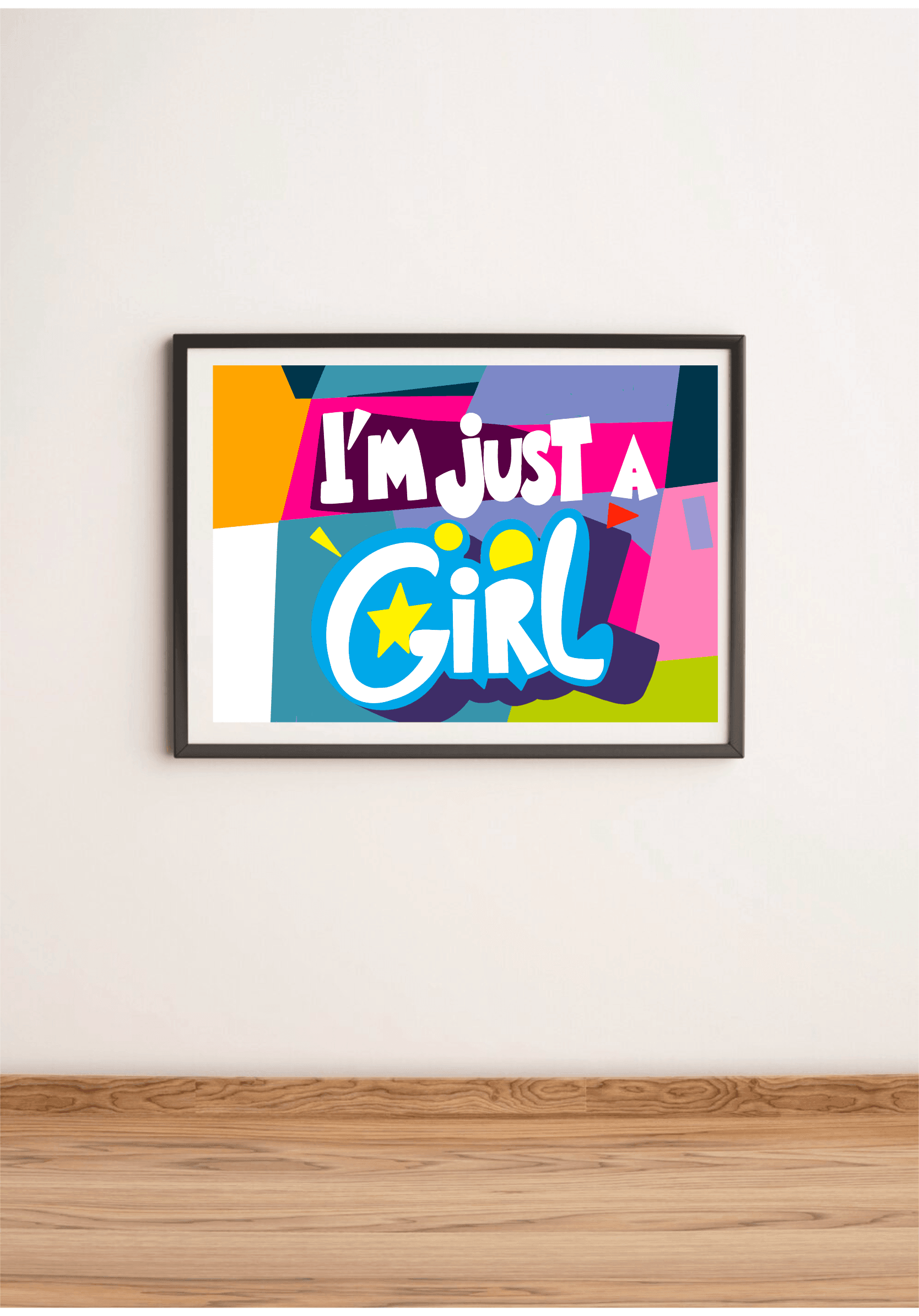 KEOLIX "I'm Just a Girl" print featuring bold typography on white paper, perfect for wall decor or framing.