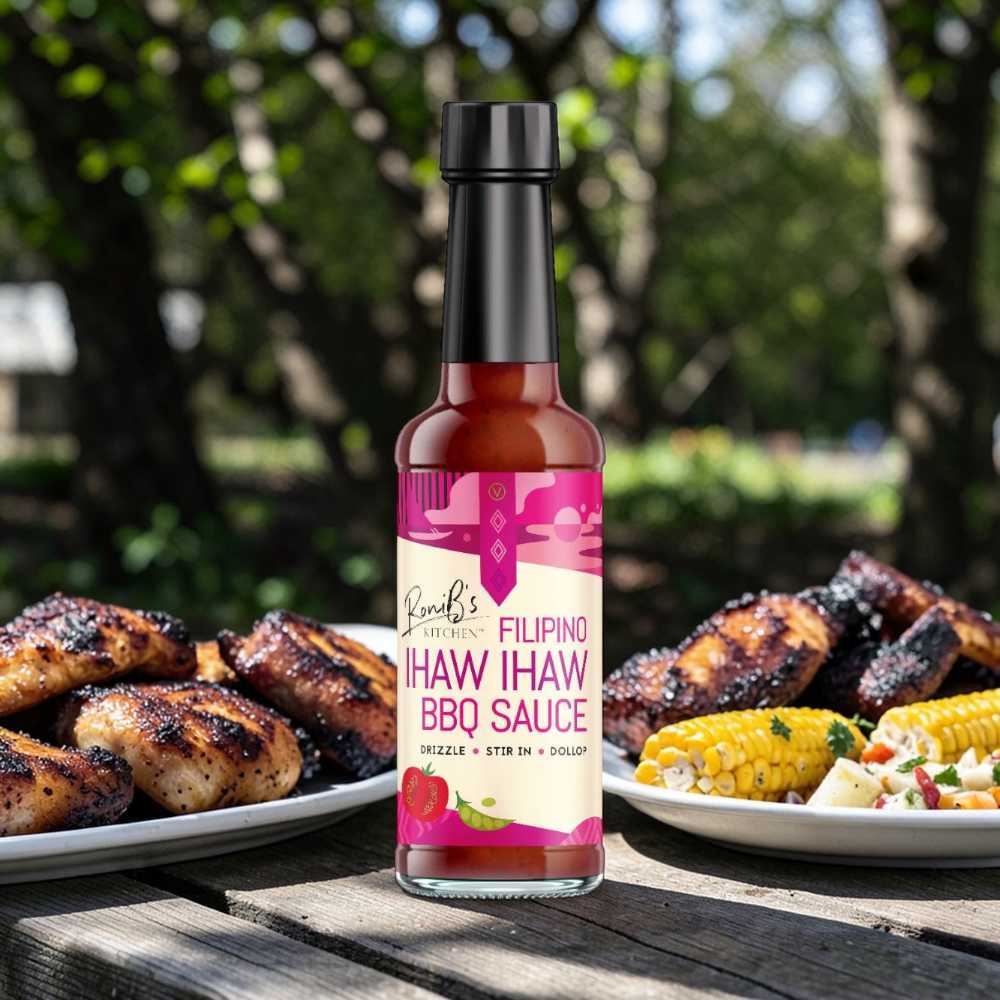 Filipino Ihaw Ihaw BBQ Sauce by RoniBs Kitchen outdoors, serving as a flavorful marinade and grilling sauce for street food-style dishes.