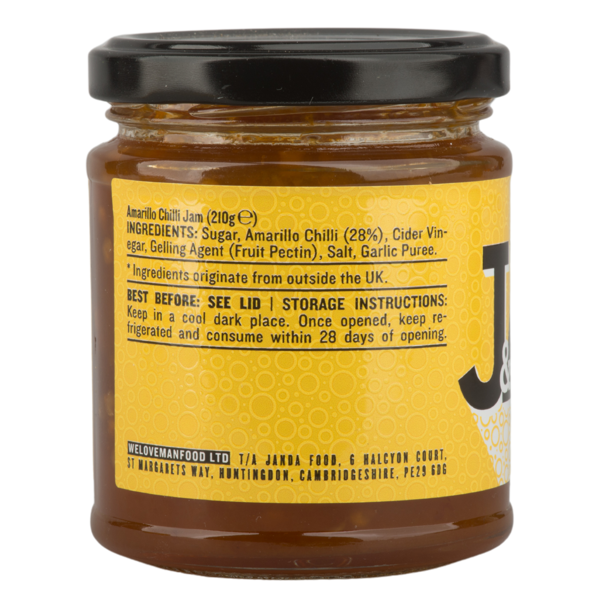 Janda Amarillo Yellow Chilli Jam 210g with ingredients showing sweet and spicy chili jam for cheese and barbecue.