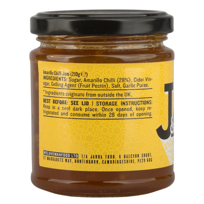 Janda Amarillo Yellow Chilli Jam 210g with ingredients showing sweet and spicy chili jam for cheese and barbecue.