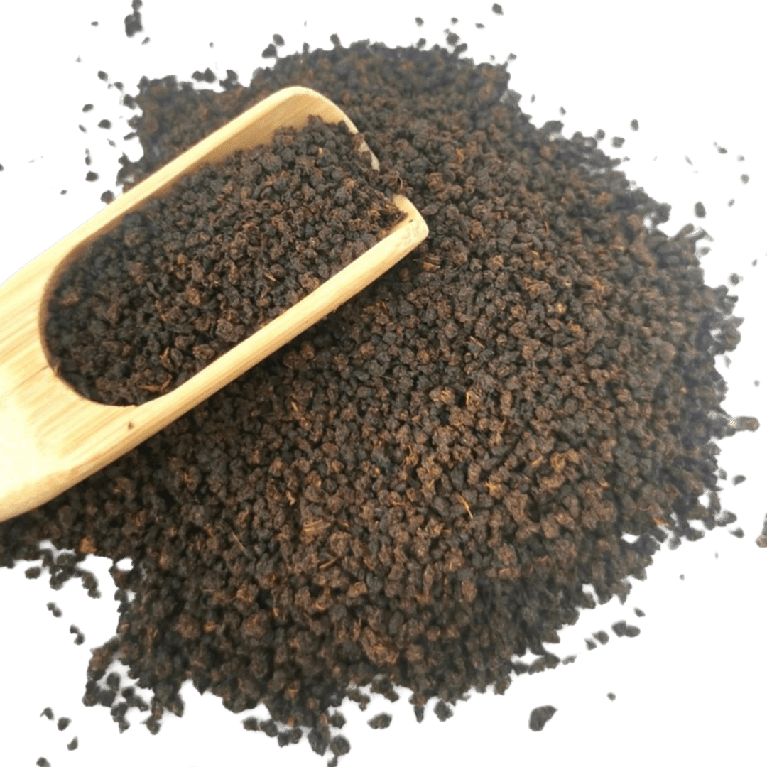 Loose leaf Irish Breakfast black tea from Porter Hill Tea Company, showing dark, fragrant tea leaves in a natural setting.