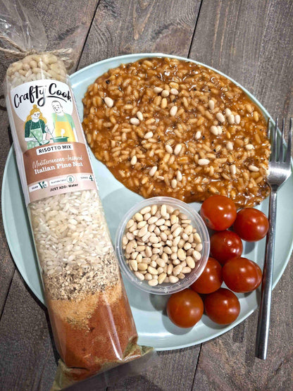 Crafty Cook Easy Meals family plan image showing Italian pine nut risotto mix with ingredients and cooking instructions.