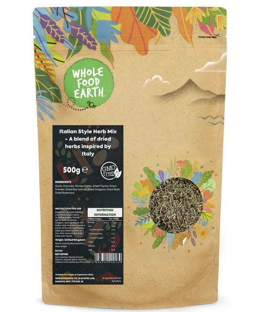 Organic Italian herb mix from Whole Food Earth featuring dried herbs inspired by Italy, 500g container.