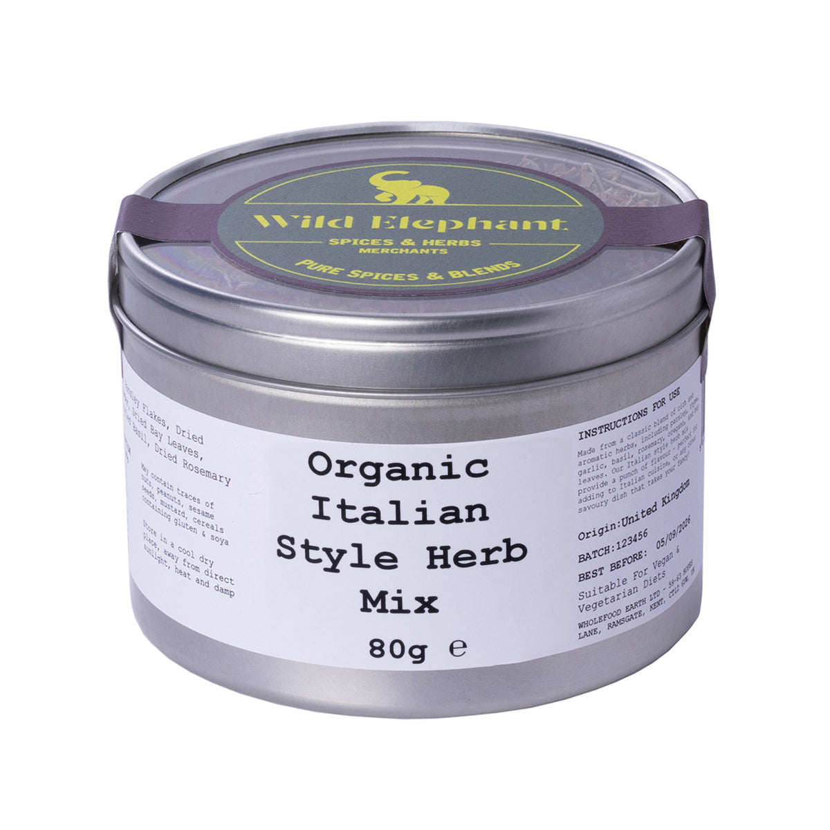 Organic Italian Style Herb Mix by Wild Elephant in a clear jar with dried herbs and spices for cooking.