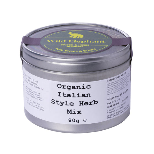 Organic Italian Style Herb Mix by Wild Elephant in a clear jar with dried herbs and spices for cooking.