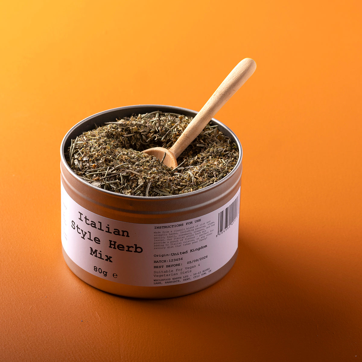 Organic Italian style herb mix by Whole Food Earth, Wild Elephant, in an 80g package with a blend of herbs and spices for cooking.