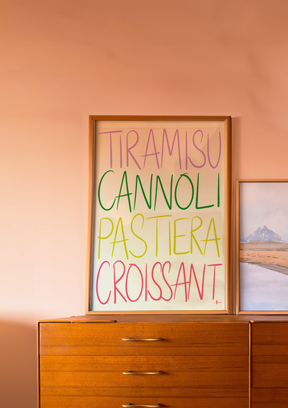 Colorful Italian dessert print by Peak Prints showcasing vibrant, cheeky bold designs inspired by Italian kitchen decor.