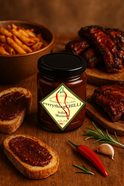 Jar of 'everything CHILLI' marinade on a wooden surface with bread, chilli, herbs and garlic.