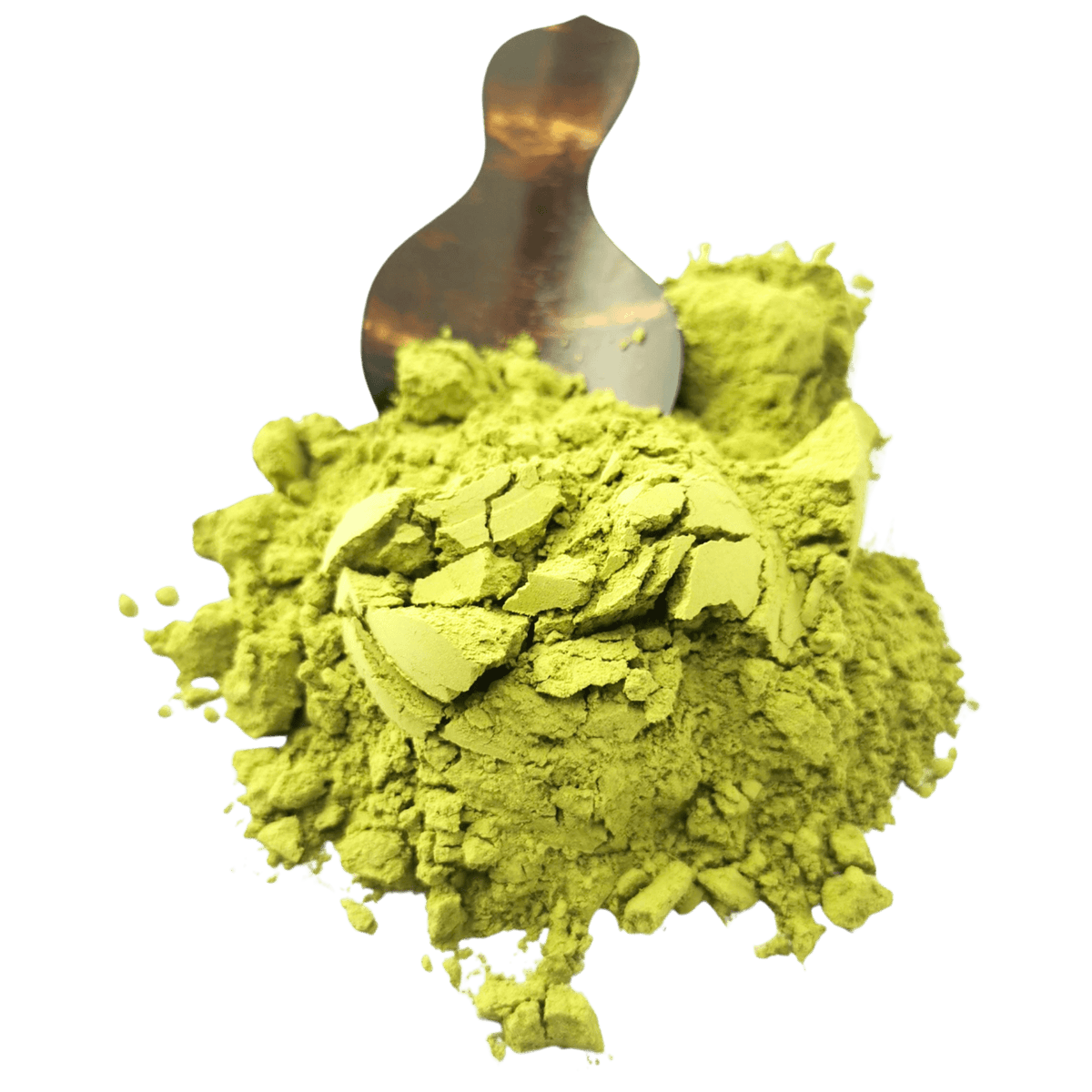 Porter Hill Tea Company Izu Matcha green tea powder in a green container with a scoop and tea leaves on a wooden surface.