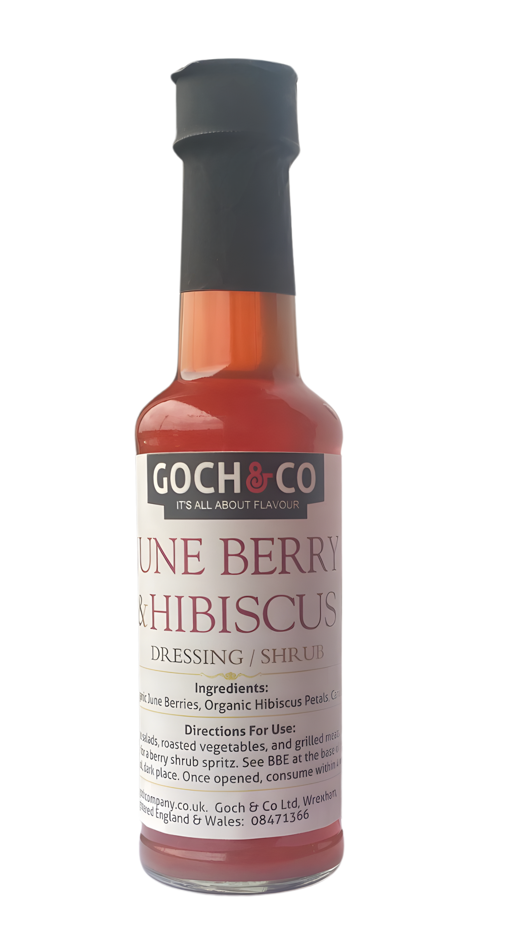 Bottle of Goch & Co sauce with black cap on a white background