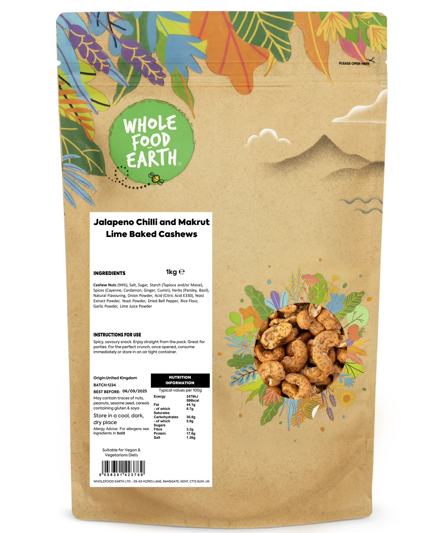 Baked cashews from Whole Food Earth with jalapeno chili and Makrut lime flavor, 1kg package, showing seasoned nuts