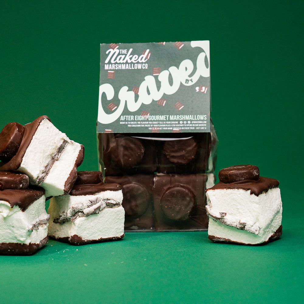 Assorted 'Craved' Edition gourmet marshmallows from THE MARSHMALLOW FACTORY in colorful packaging, displayed in a row.