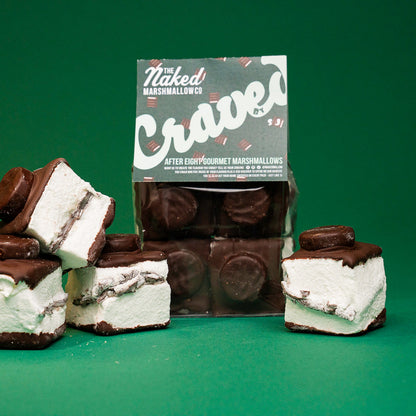 Assorted 'Craved' Edition gourmet marshmallows from THE MARSHMALLOW FACTORY in colorful packaging, displayed in a row.