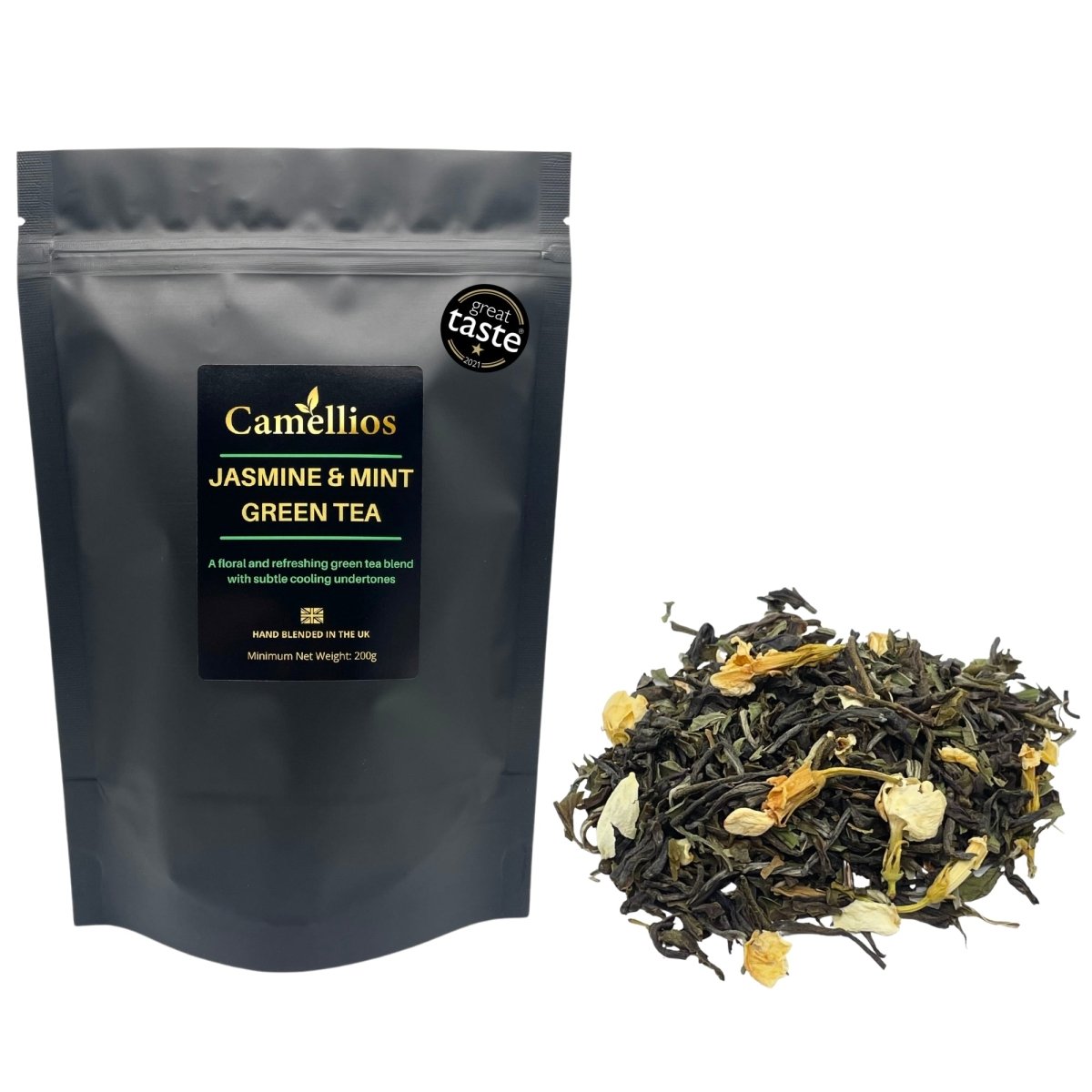 Loose leaf Jasmine and Mint Green Tea by Camellios in a 200g package, featuring fresh jasmine blossoms and green tea leaves.