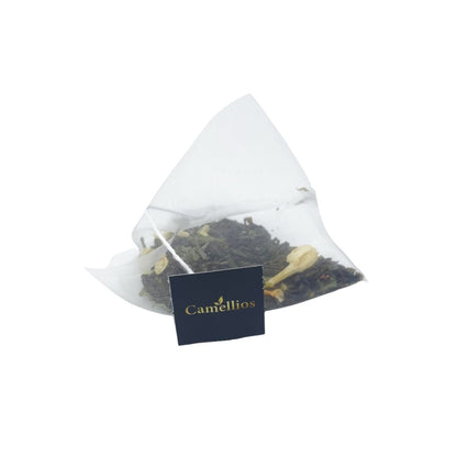 Camellios jasmine and mint green tea bag, fresh green tea infusion with fragrant jasmine and mint leaves, in a tea bag.