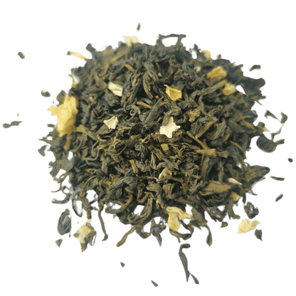 Porter Hill Tea Company's jasmine green tea leaves in a clear glass jar, showcasing fresh, fragrant green tea with jasmine blossoms.