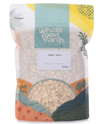 Whole Food Earth jumbo oats cereal in a 500g package, showing the large oat grains ready for breakfast.
