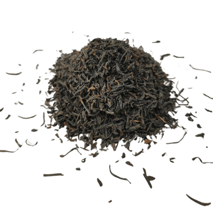 Organic Keemun Panda black tea from Porter Hill Tea Company, featuring dried tea leaves with a rich, dark appearance.
