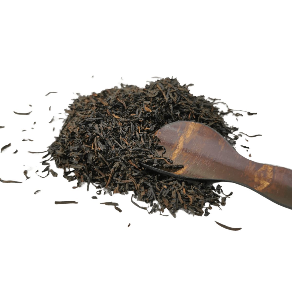 Organic Keemun Panda black tea from Porter Hill Tea Company, featuring two rich, dark tea leaves in a clear viewing image.