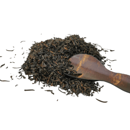Organic Keemun Panda black tea from Porter Hill Tea Company, featuring two rich, dark tea leaves in a clear viewing image.